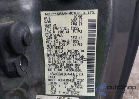 2008 Nissan Frontier Se z USA, uszkodzony, nr VIN 1N6AD06W18C446153